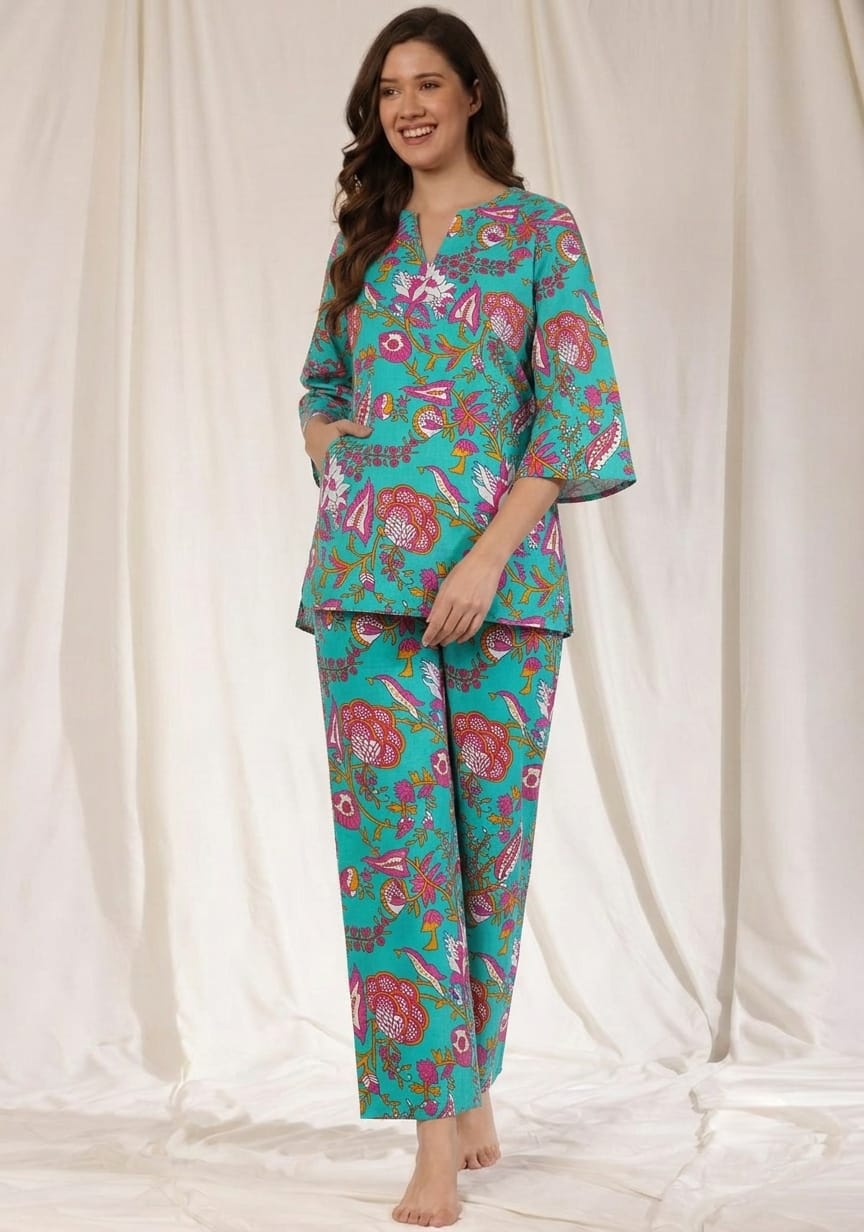 Blue Pink Floral Printed Cotton Night Suit