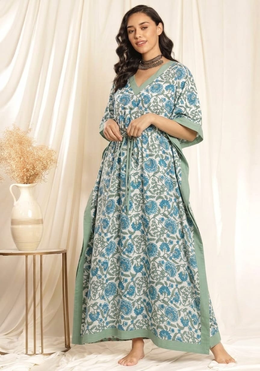 White Blue Floral Printed Tie-Up Waist Cotton Kaftan