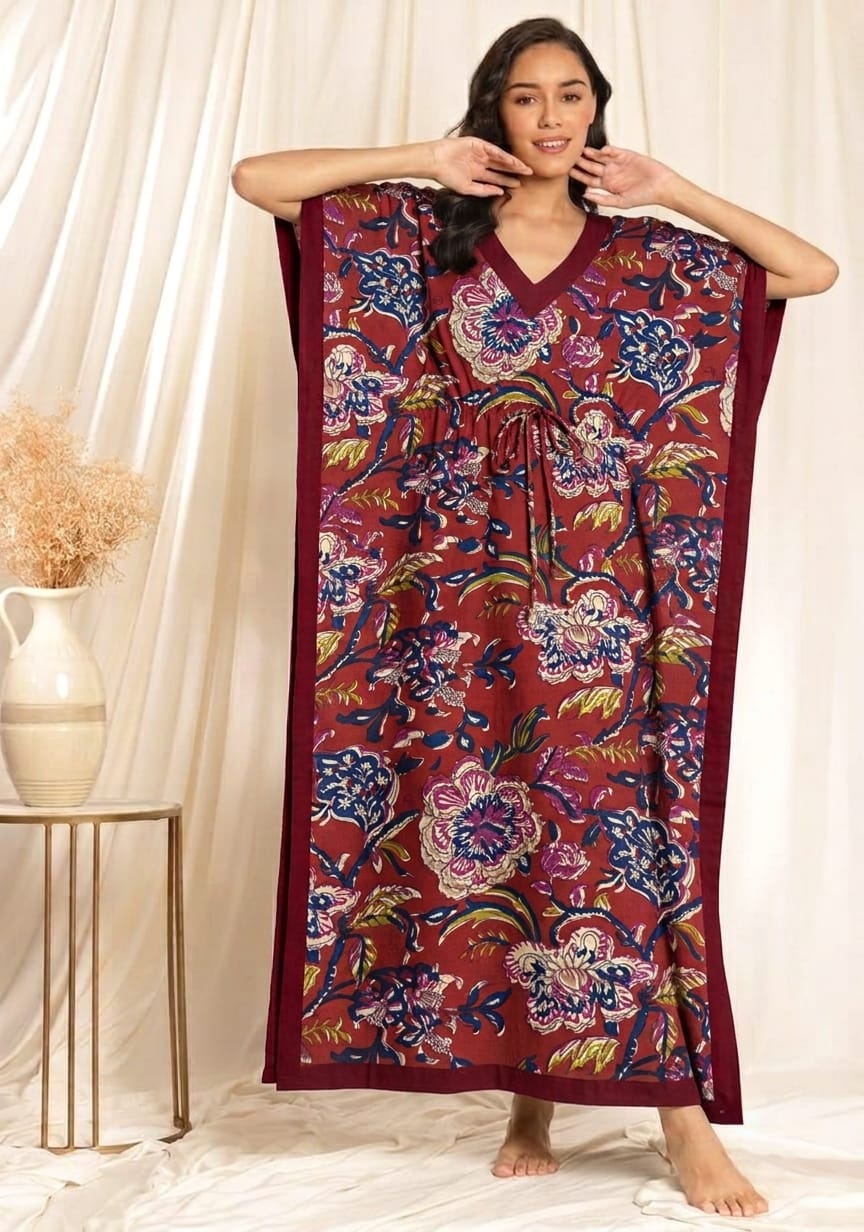 Maroon Floral Printed Tie-Up Waist Cotton Kaftan