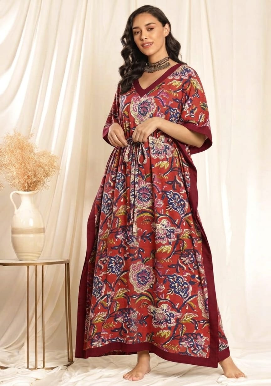 Maroon Floral Printed Tie-Up Waist Cotton Kaftan