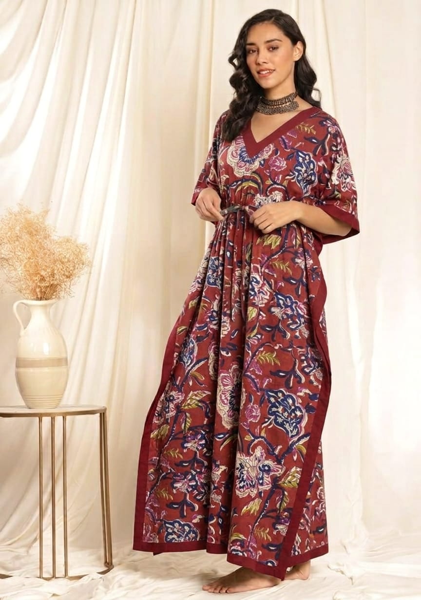 Maroon Floral Printed Tie-Up Waist Cotton Kaftan