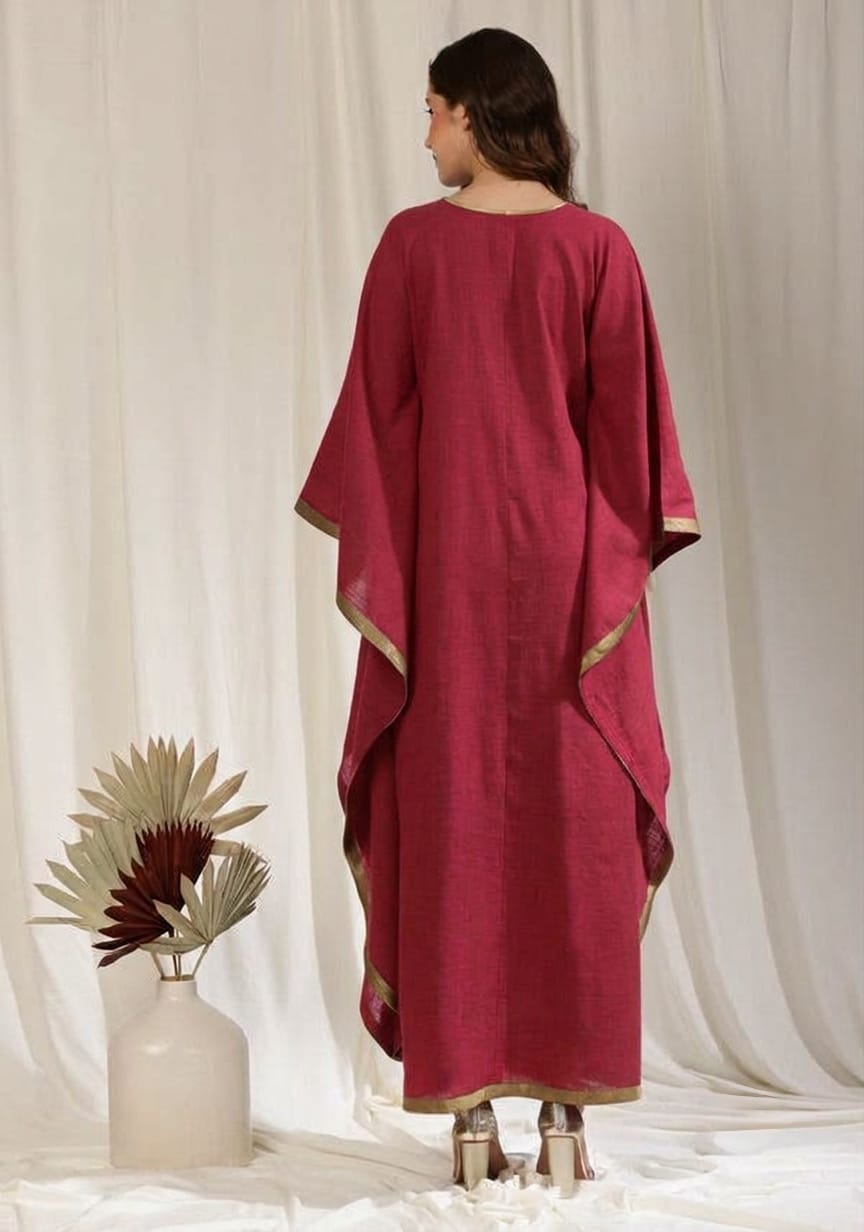 Flowy Maroon Cotton Kaftan with Contrast Bronze Tissue Trimmings