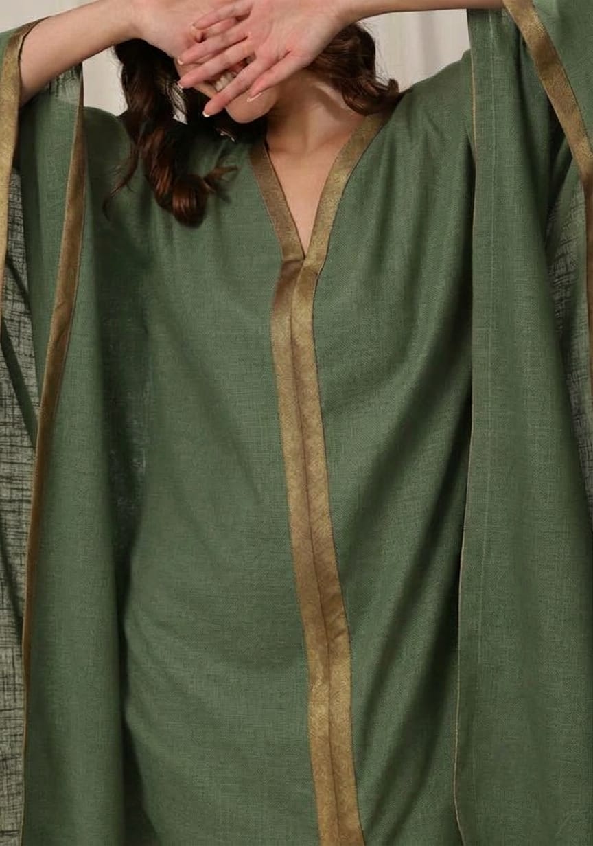 Flowy Military Green Cotton Kaftan with Contrast Bronze Tissue Trimmings