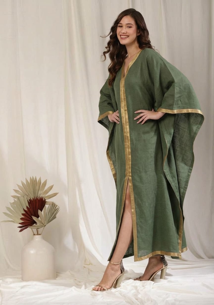 Flowy Military Green Cotton Kaftan with Contrast Bronze Tissue Trimmings
