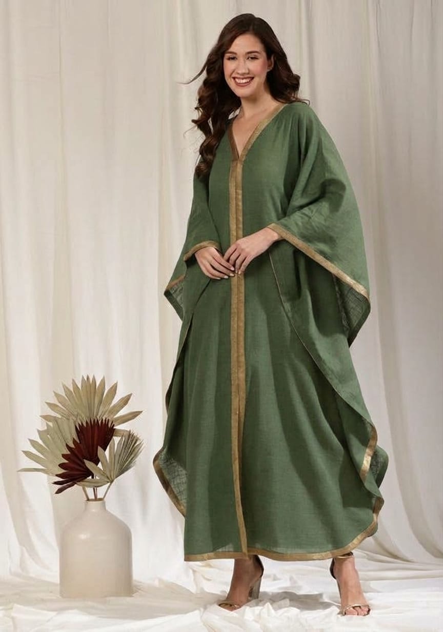 Flowy Military Green Cotton Kaftan with Contrast Bronze Tissue Trimmings