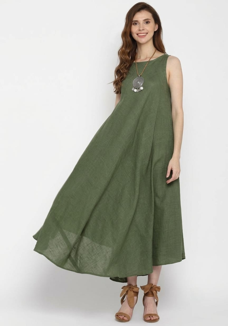 Military Green Sleeveless A-Line Long Cotton Dress