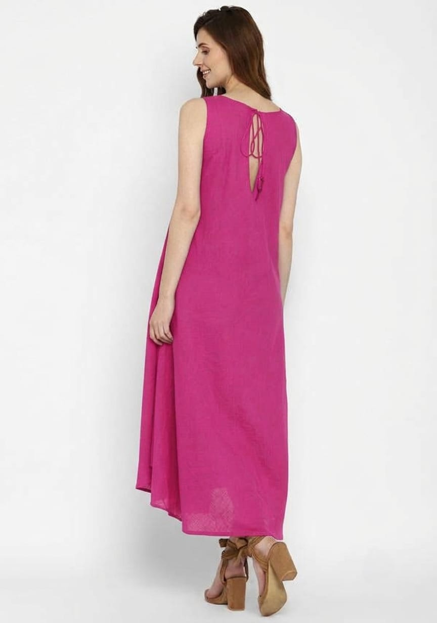 Fuchsia Pink Sleeveless A-Line Long Cotton Dress