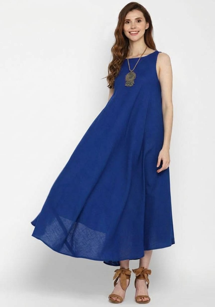Royal Blue Sleeveless A-Line Long Cotton Dress
