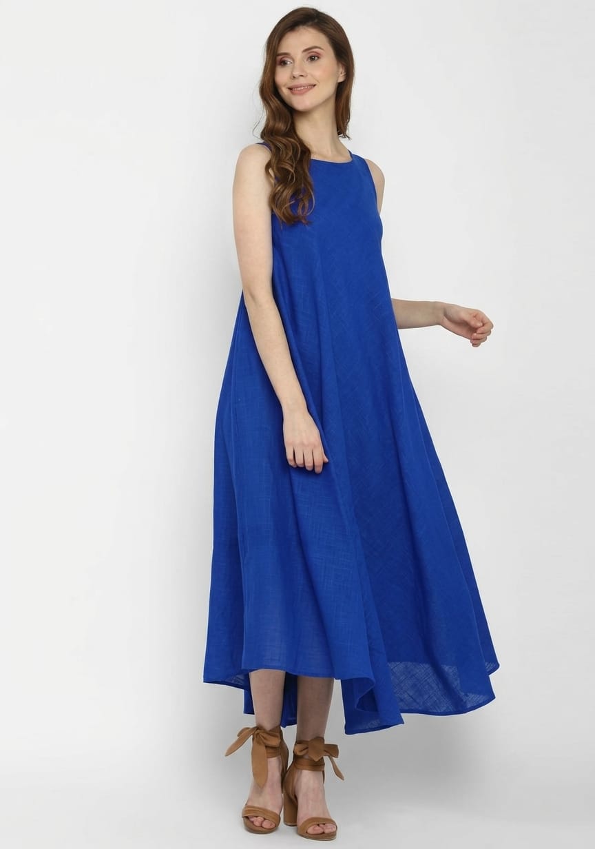 Royal Blue Sleeveless A-Line Long Cotton Dress