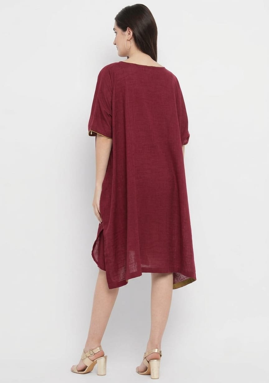 Maroon Cotton Block Dress with Gold Embellishments