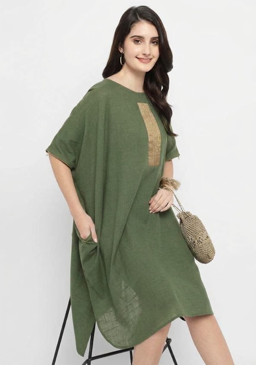 Military Green Cotton Block Dress with Gold Embellishments