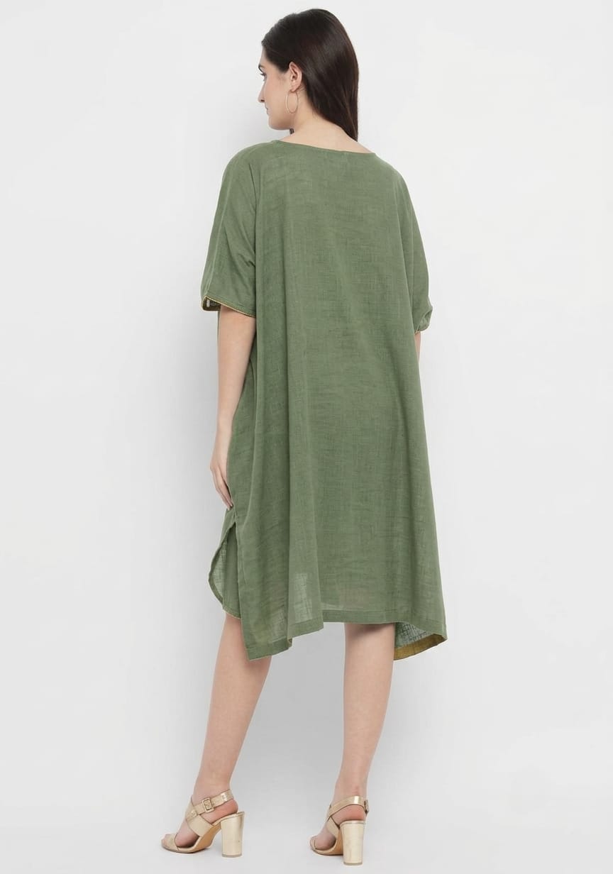 Military Green Cotton Block Dress with Gold Embellishments