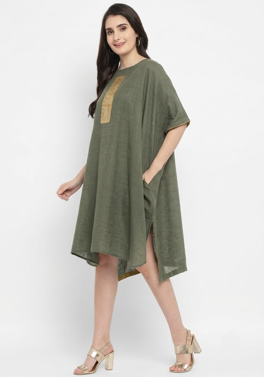 Military Green Cotton Block Dress with Gold Embellishments