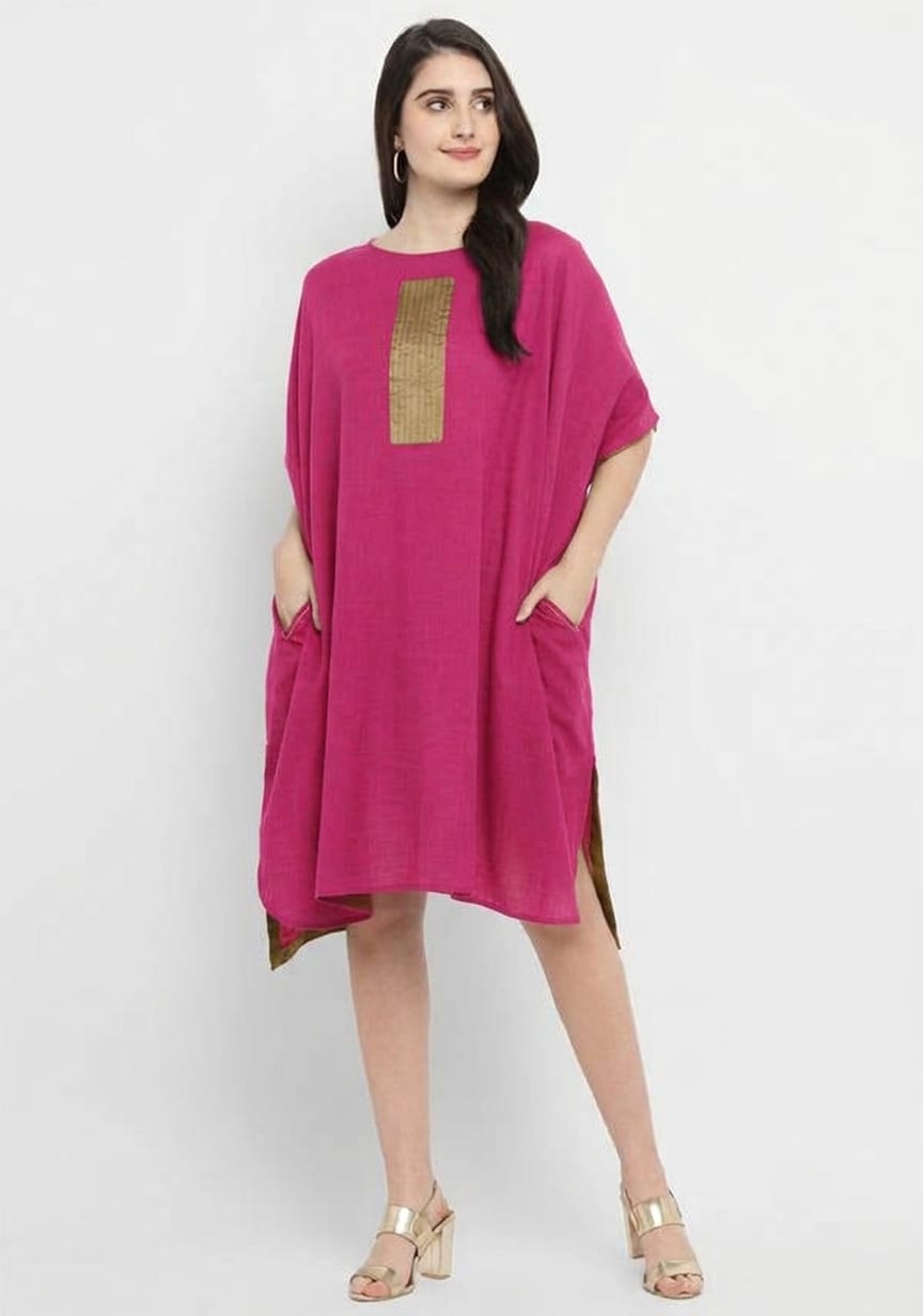Fuchsia Pink Cotton Block Dress with Gold Embellishments