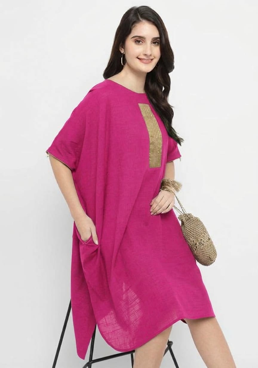 Fuchsia Pink Cotton Block Dress with Gold Embellishments
