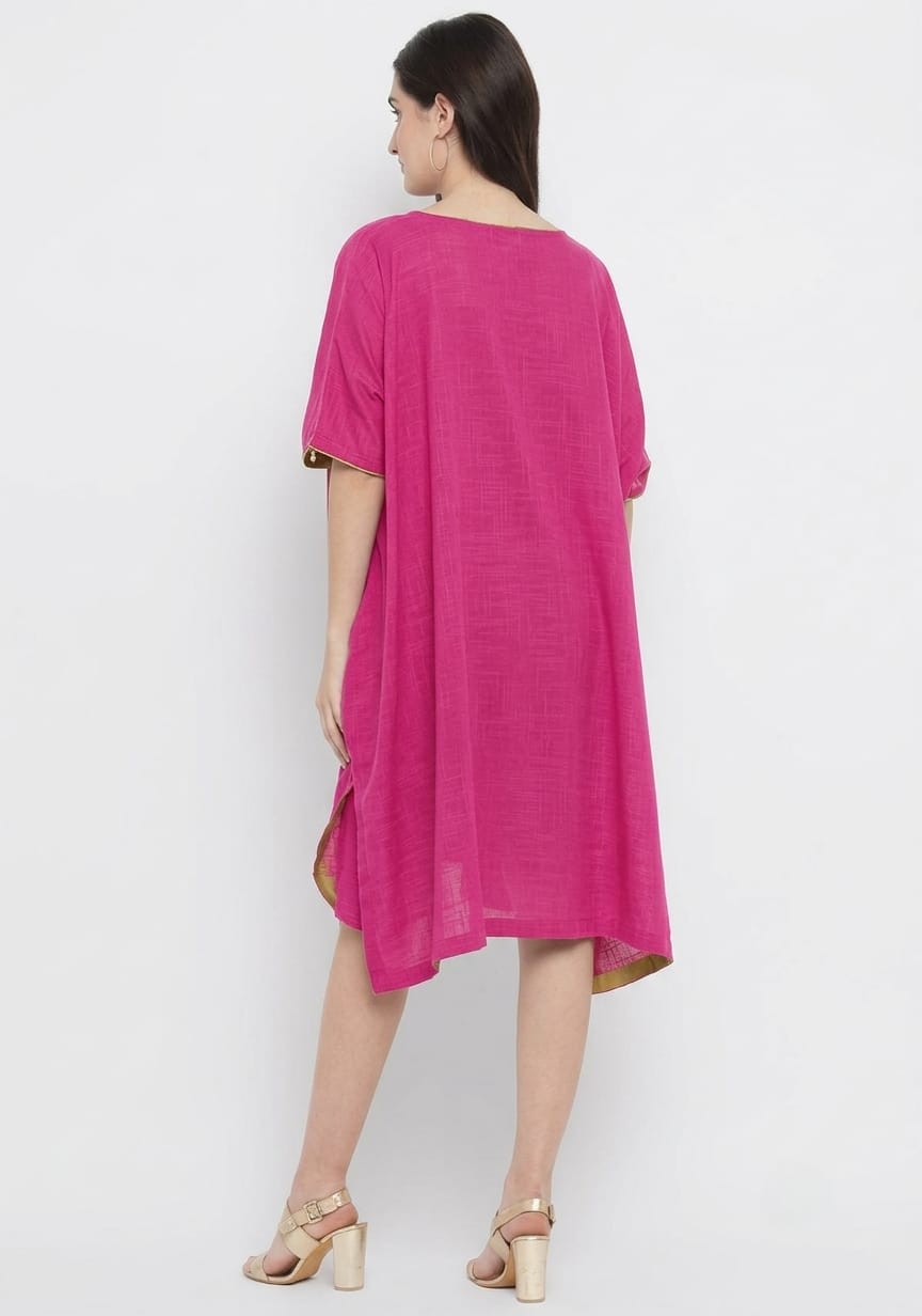 Fuchsia Pink Cotton Block Dress with Gold Embellishments