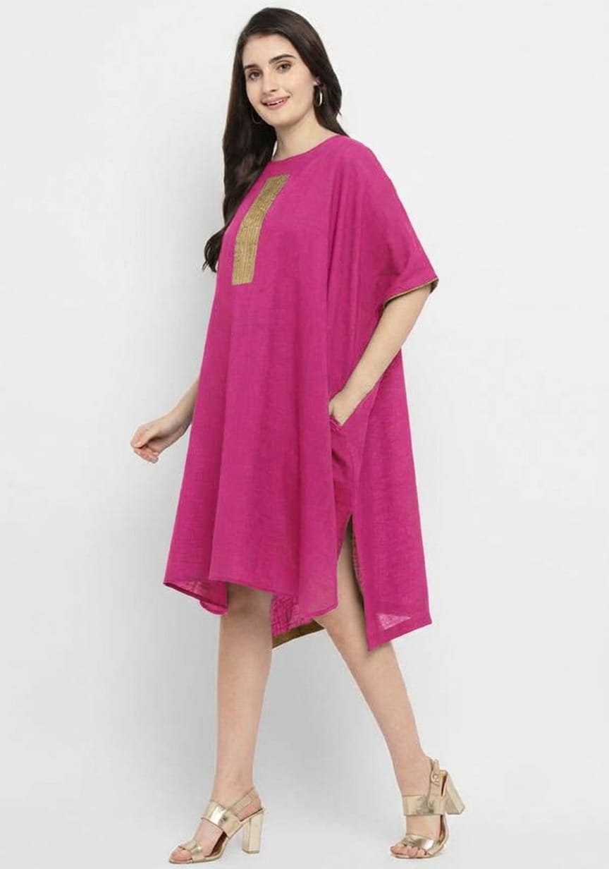 Fuchsia Pink Cotton Block Dress with Gold Embellishments