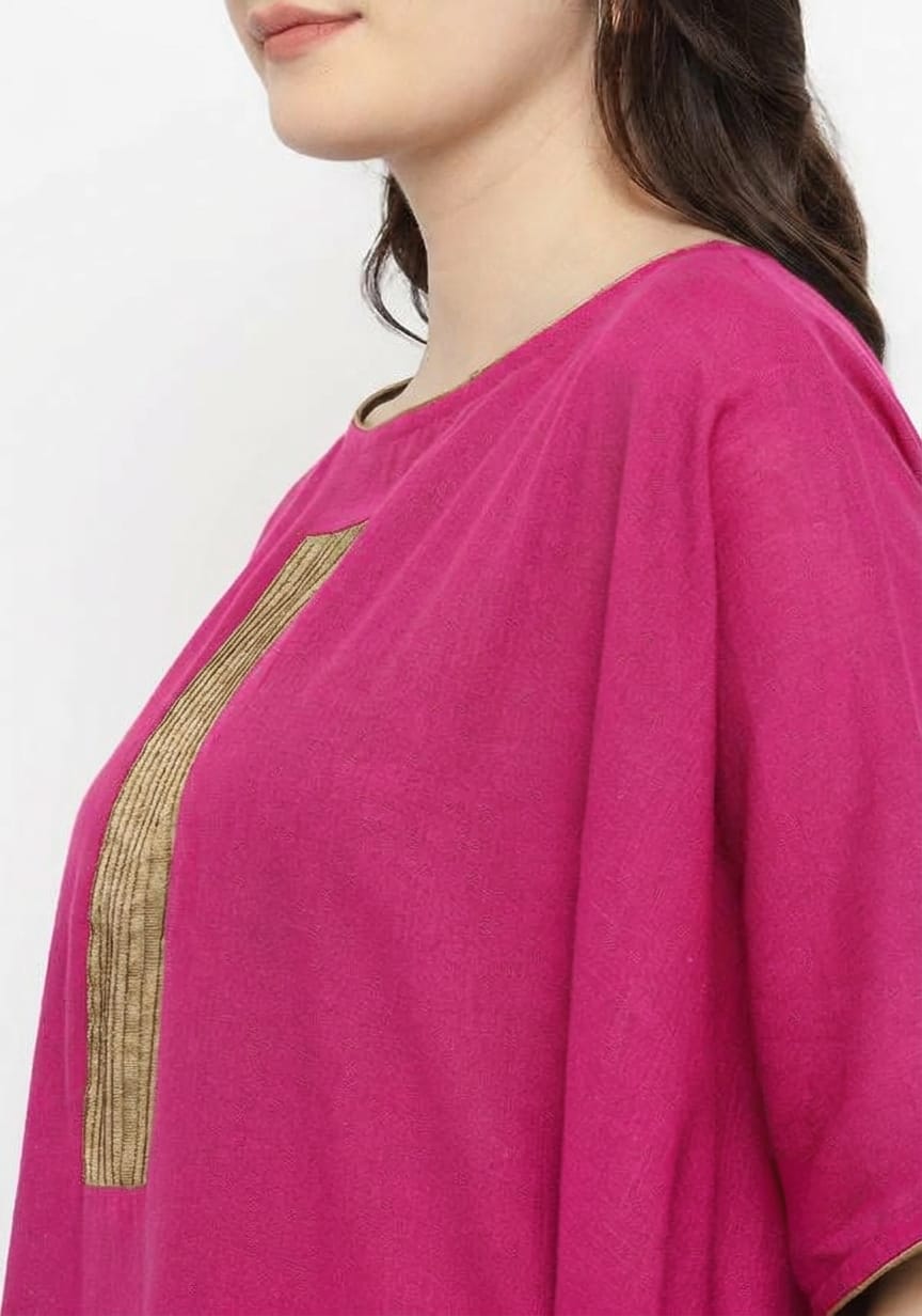 Fuchsia Pink Cotton Block Dress with Gold Embellishments