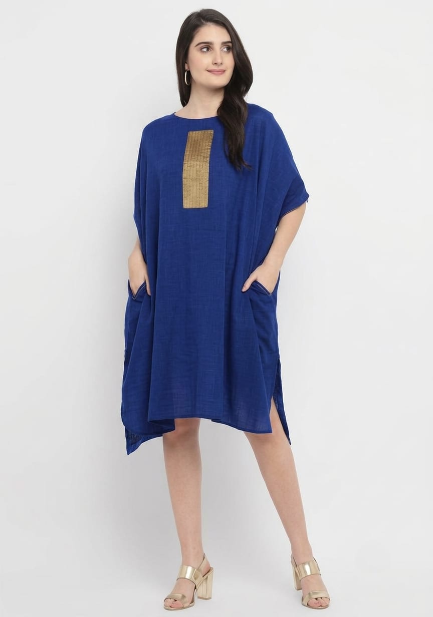 Royal Blue Cotton Block Dress with Gold Embellishments