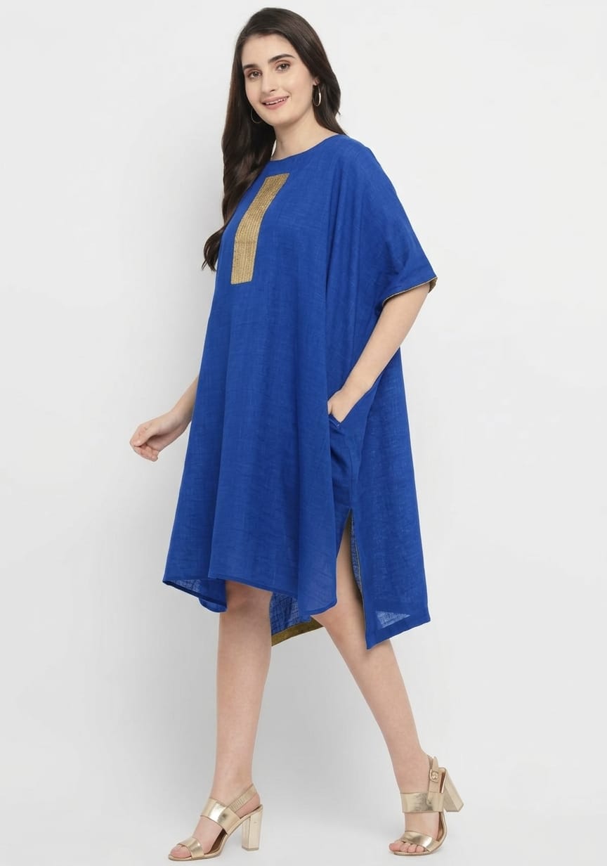 Royal Blue Cotton Block Dress with Gold Embellishments