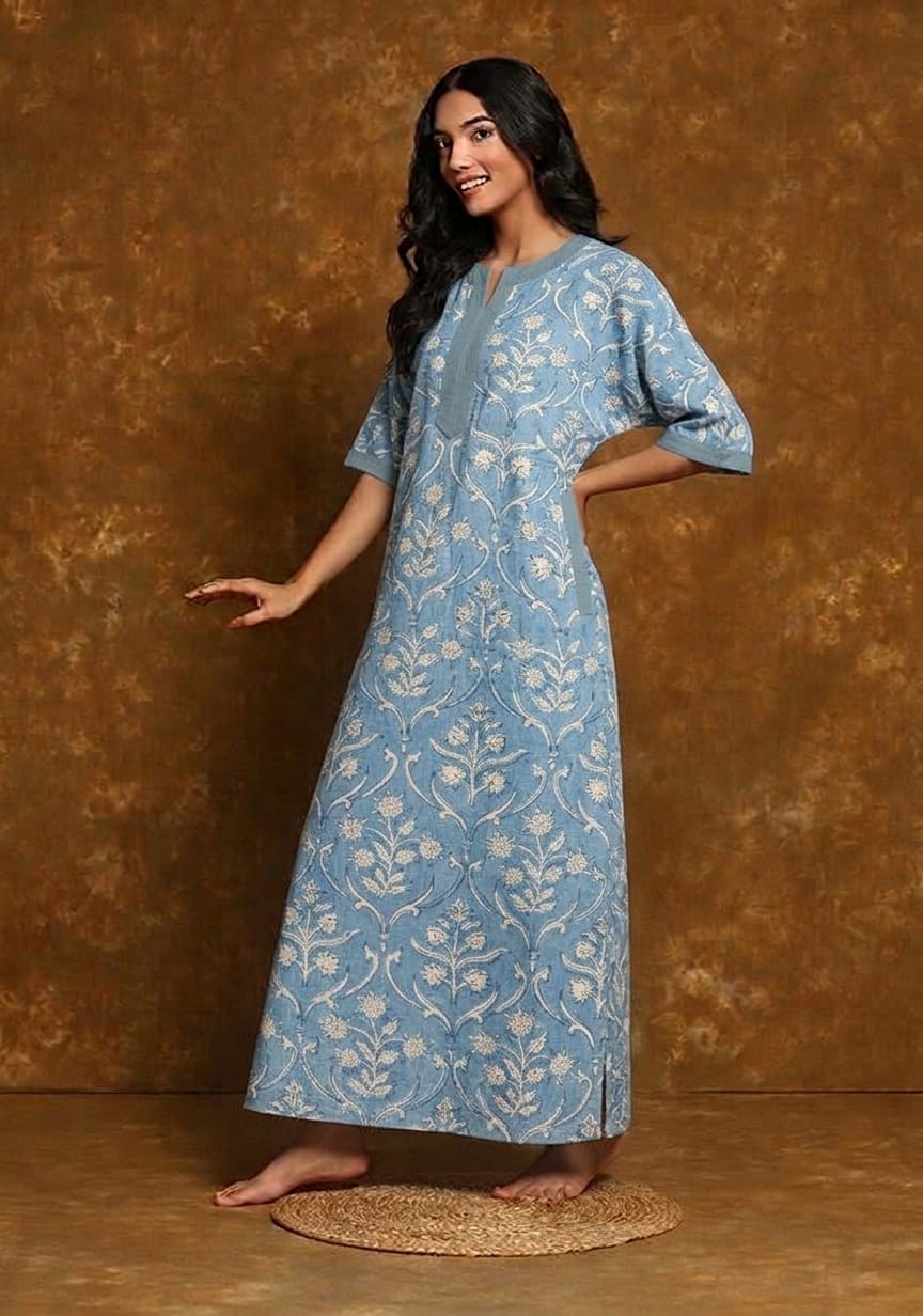 Blue White Mughal Hand Block Printed Nighty Kaftan with Stitch Lines