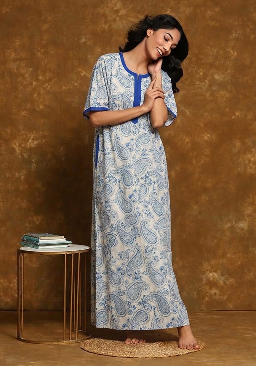 White Blue Paisley Motif Hand Block Printed Nighty Kaftan with Stitch Lines