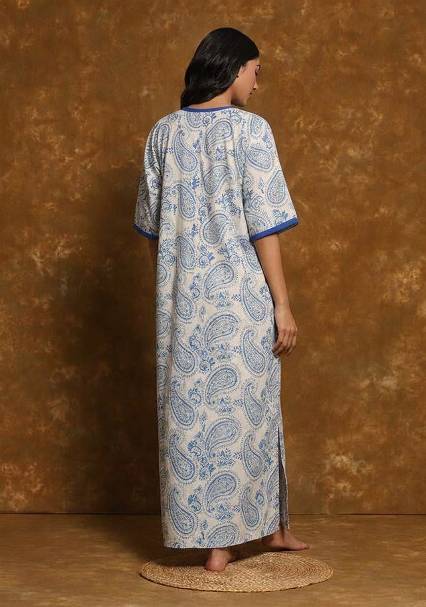 White Blue Paisley Motif Hand Block Printed Nighty Kaftan with Stitch Lines