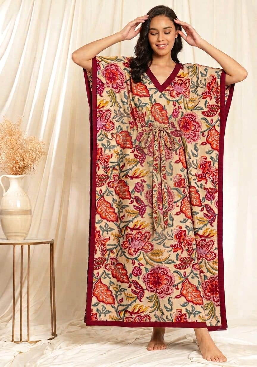 Mustard Red Floral Printed Tie-Up Waist Cotton Kaftan