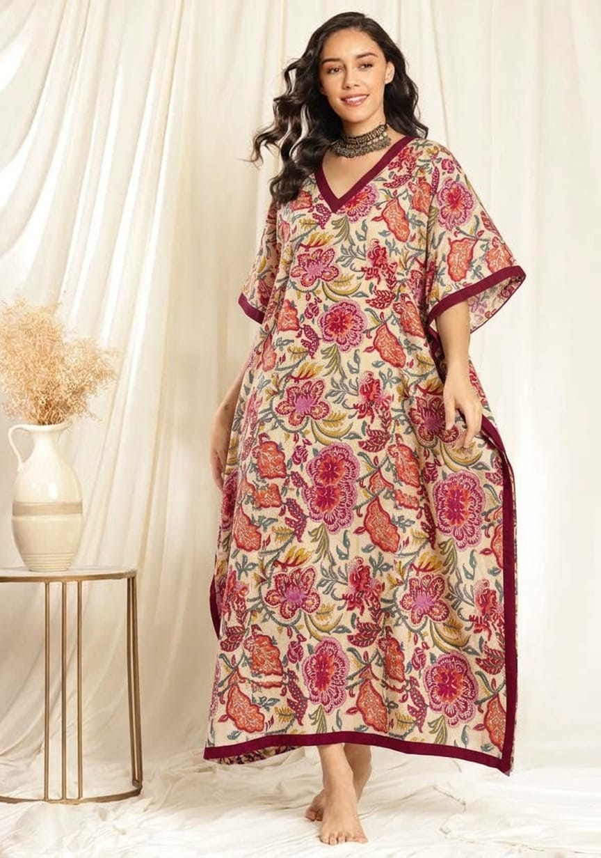 Mustard Red Floral Printed Tie-Up Waist Cotton Kaftan