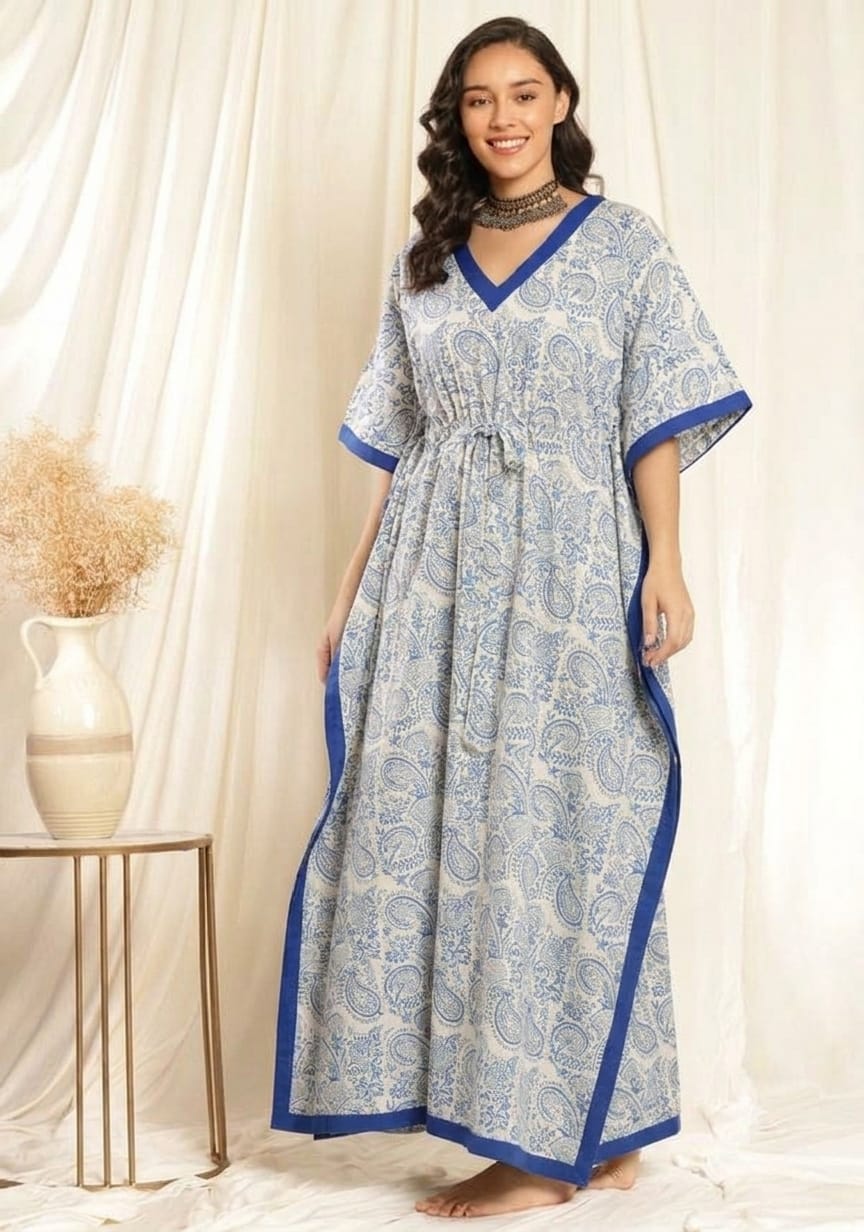 White Blue Paisley Floral Printed Tie-Up Waist Cotton Kaftan