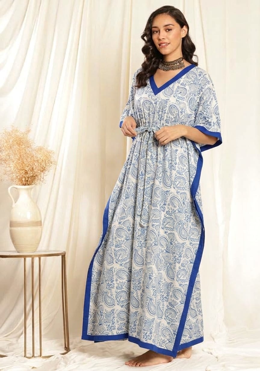 White Blue Paisley Floral Printed Tie-Up Waist Cotton Kaftan