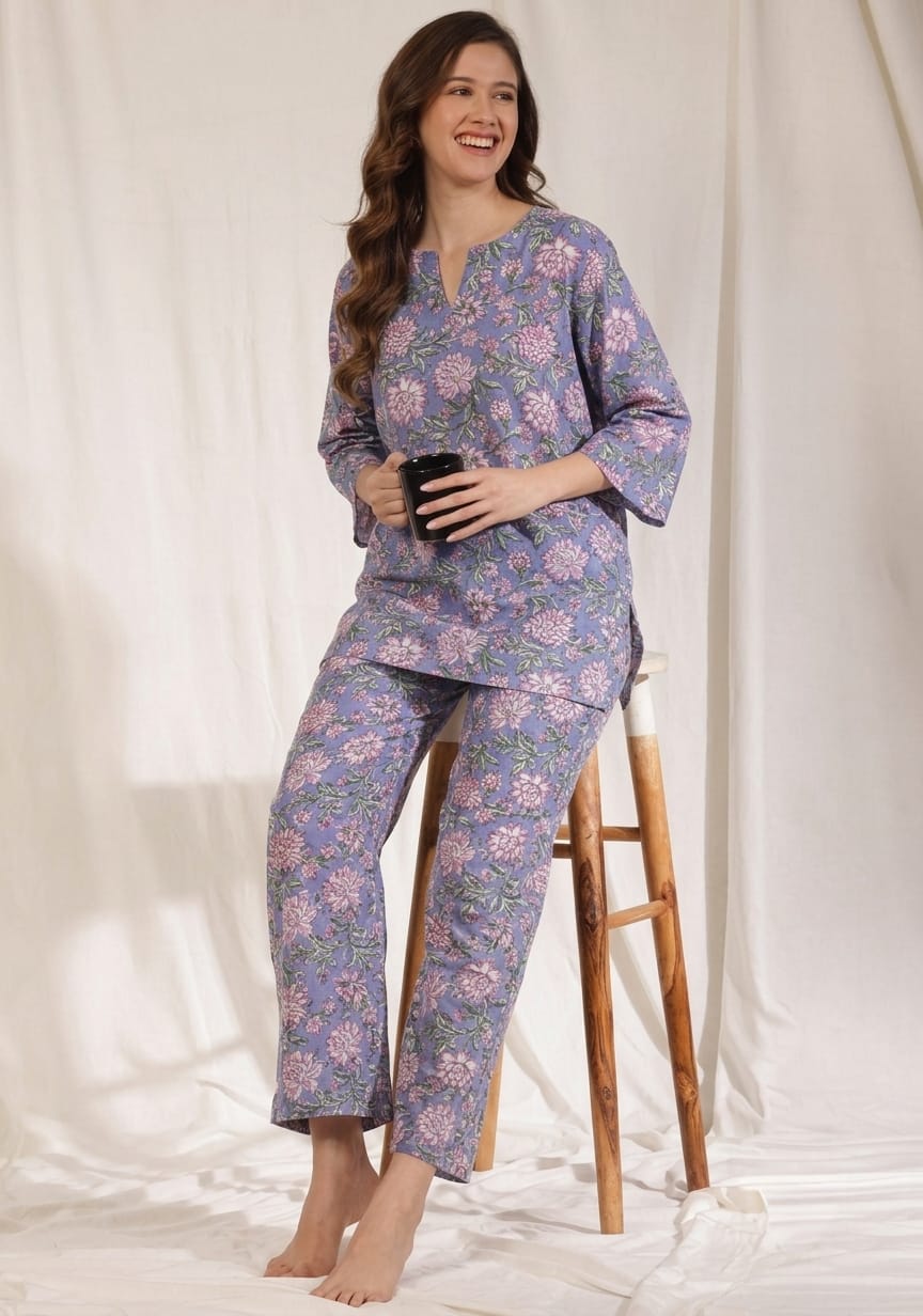 Mauve Pink Floral Hand Block Printed Cotton Night Suit