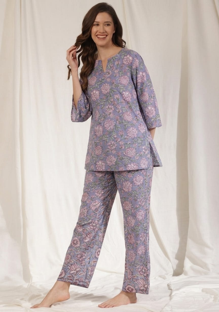 Mauve Pink Floral Hand Block Printed Cotton Night Suit