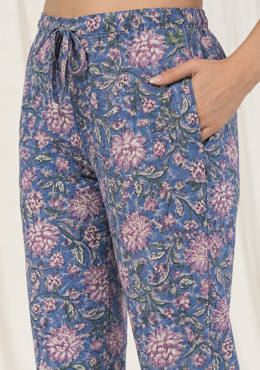 Mauve Pink Floral Hand Block Printed Cotton Night Suit