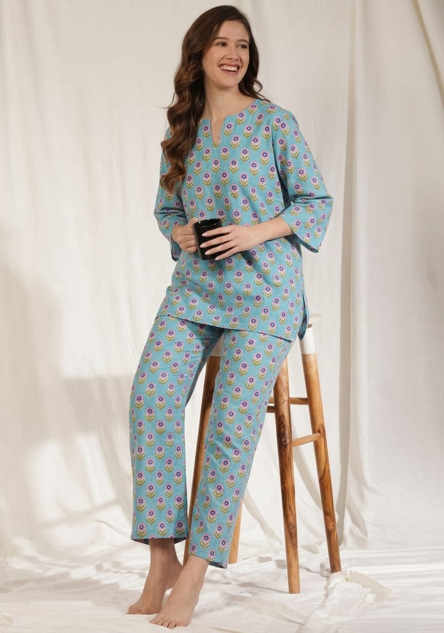 Blue Green Floral Hand Block Printed Cotton Night Suit
