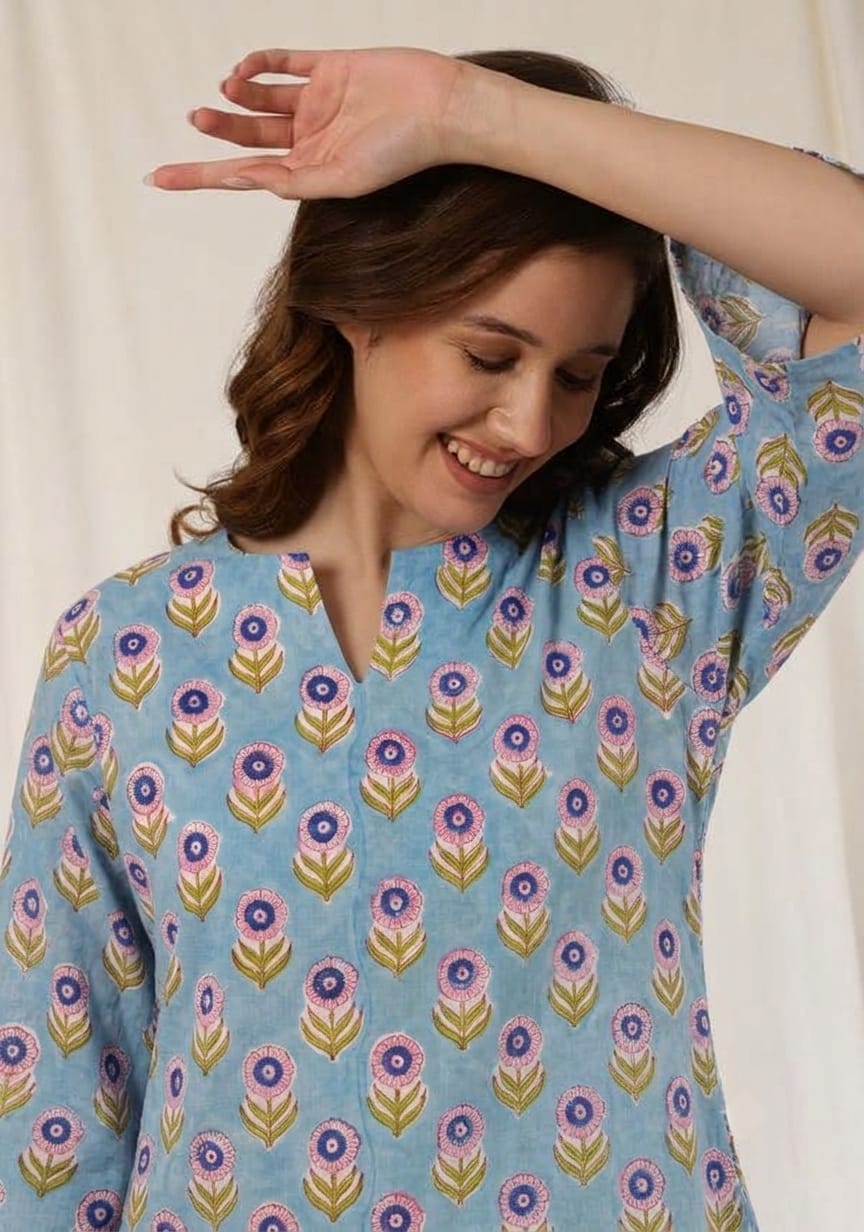 Blue Green Floral Hand Block Printed Cotton Night Suit