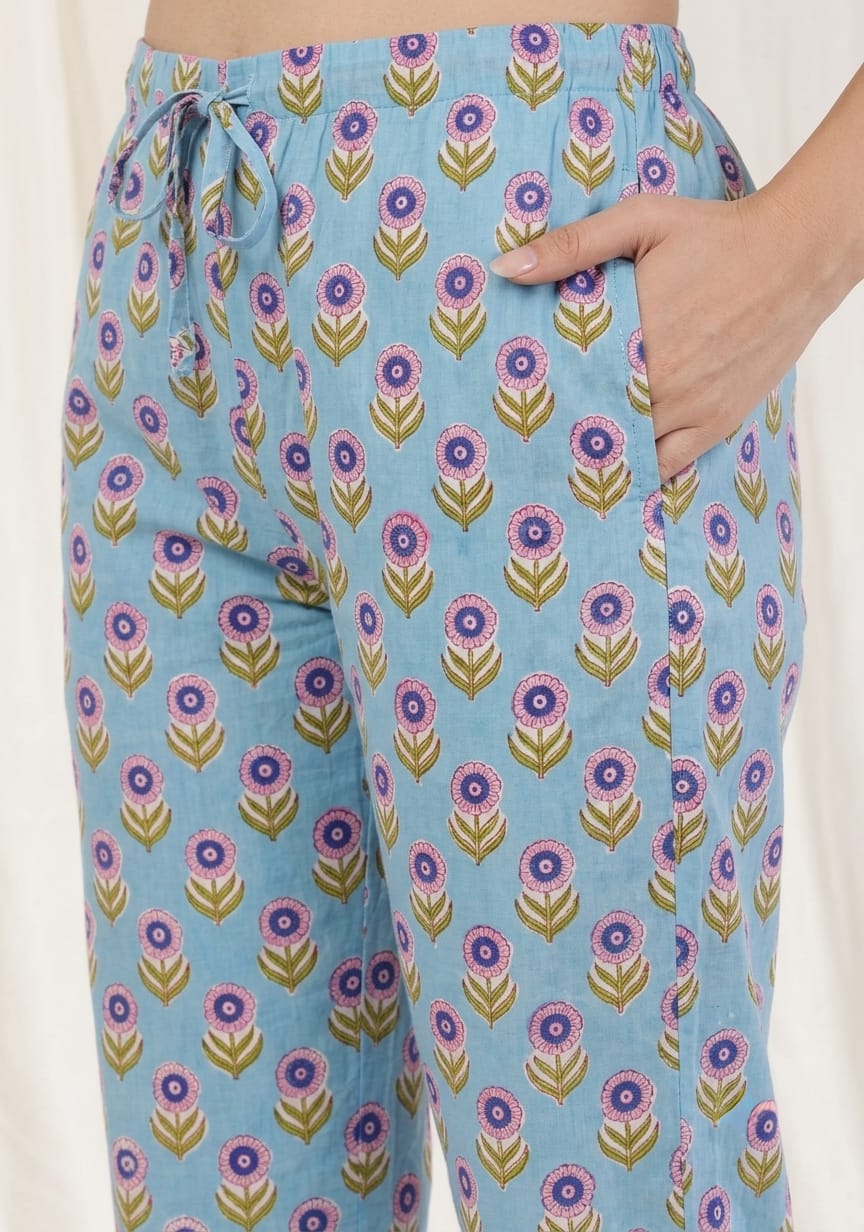 Blue Green Floral Hand Block Printed Cotton Night Suit