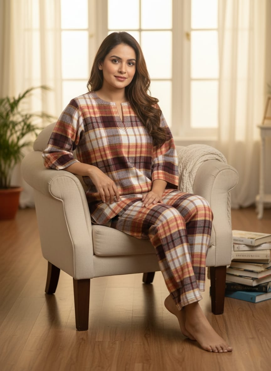 Flannel Rust Orange Checked Night Suit With Trimmings