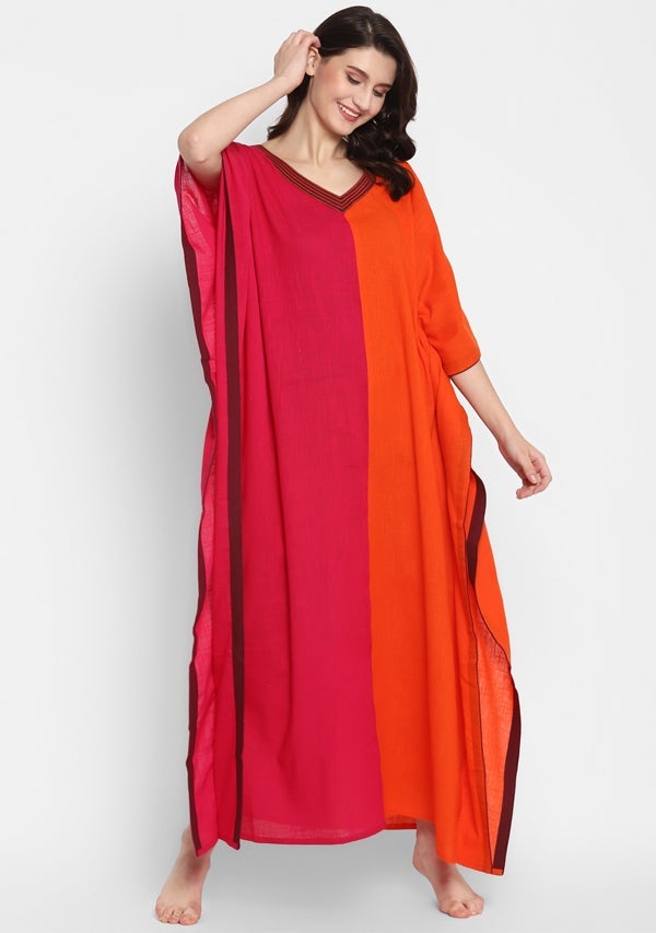Fuchsia Orange V-Neck Cotton Kaftan with Contrast Stitch Lines