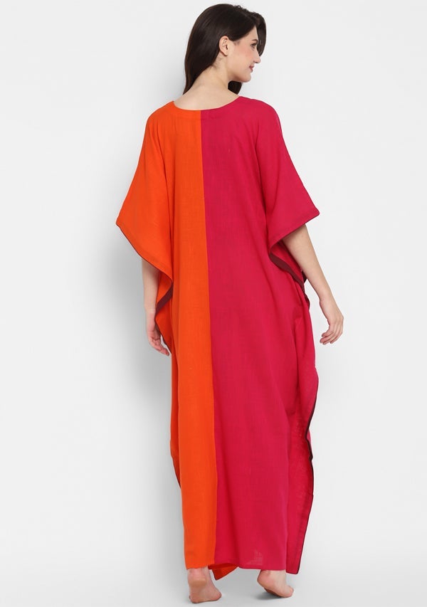 Fuchsia Orange V-Neck Cotton Kaftan with Contrast Stitch Lines