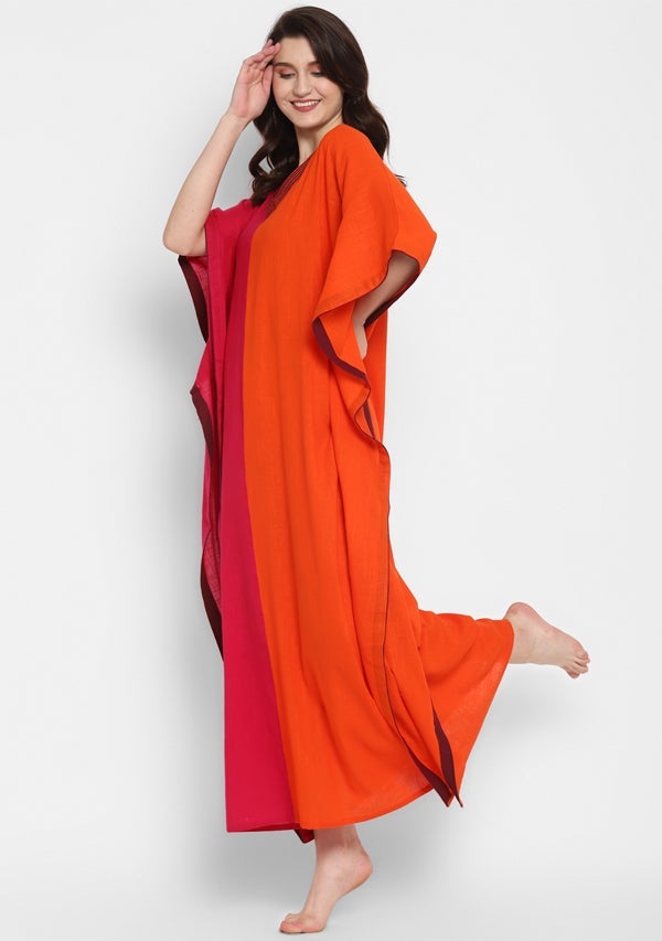 Fuchsia Orange V-Neck Cotton Kaftan with Contrast Stitch Lines