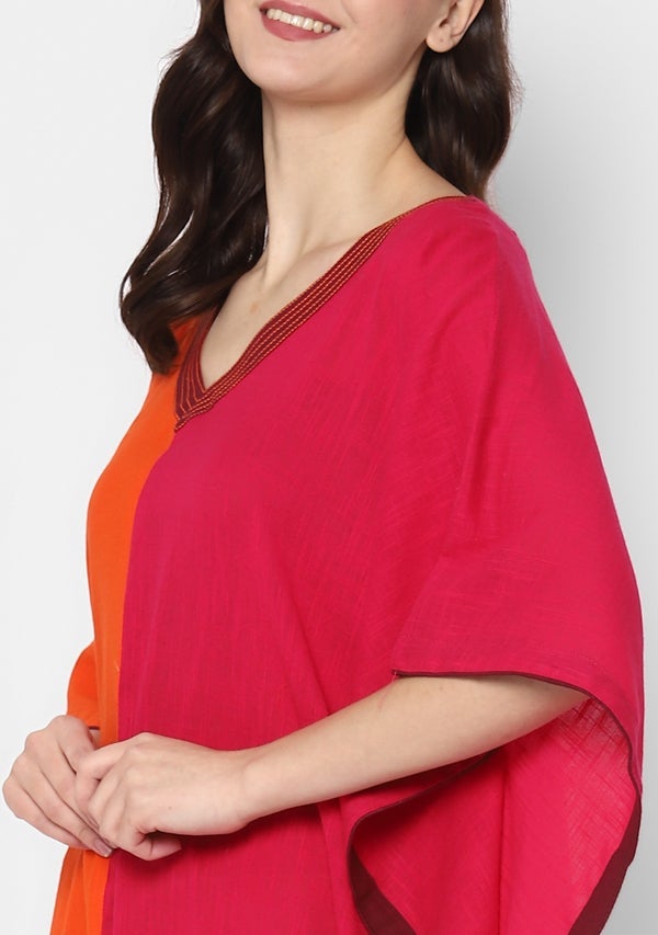 Fuchsia Orange V-Neck Cotton Kaftan with Contrast Stitch Lines