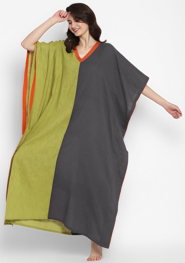 Olive Green Grey V-Neck Cotton Kaftan with Contrast Stitch Lines