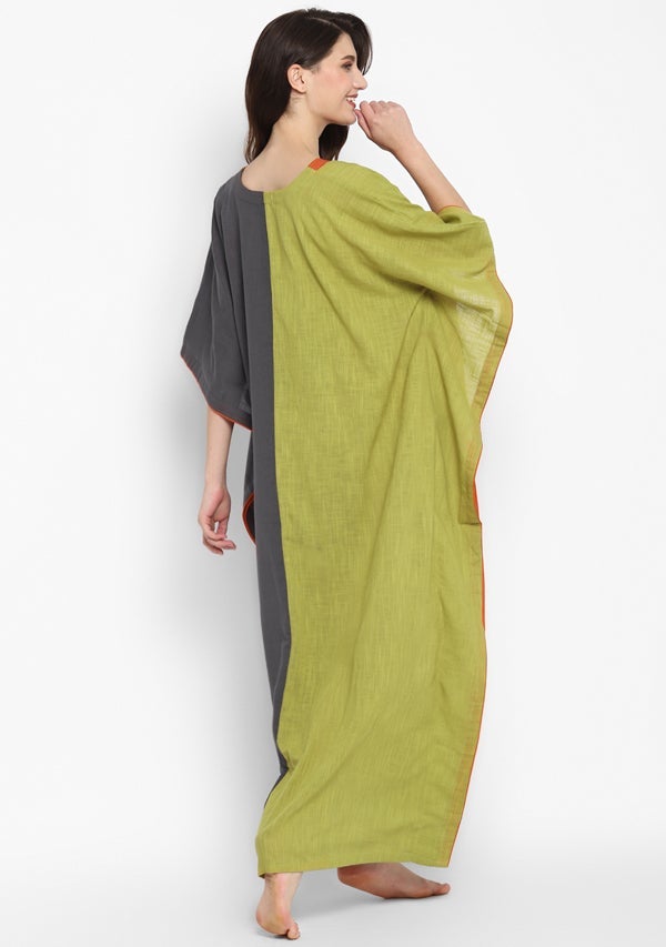 Olive Green Grey V-Neck Cotton Kaftan with Contrast Stitch Lines
