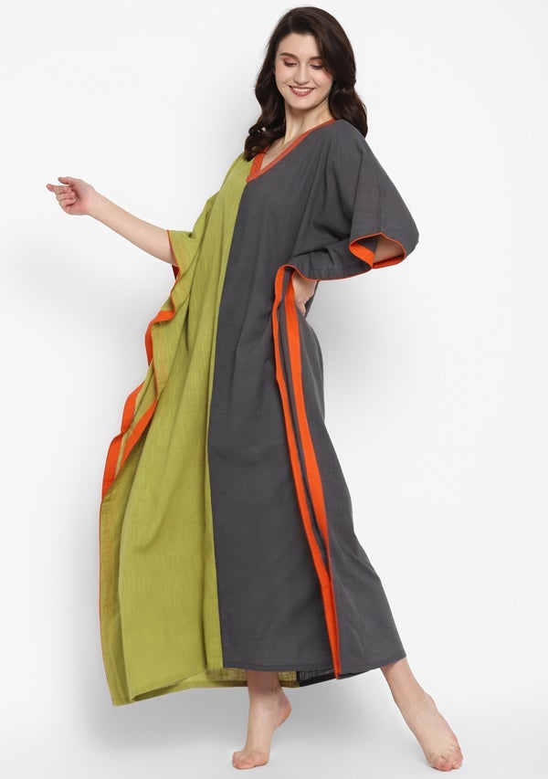 Olive Green Grey V-Neck Cotton Kaftan with Contrast Stitch Lines