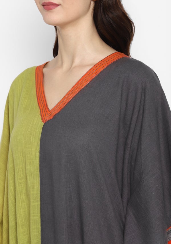 Olive Green Grey V-Neck Cotton Kaftan with Contrast Stitch Lines