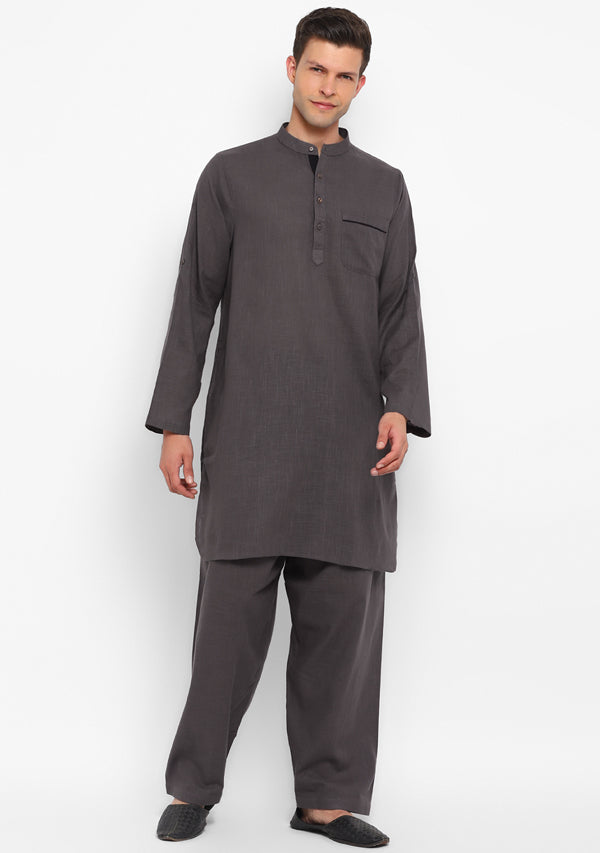 Steel Grey Cotton Kurta and Pathani Salwar For Men