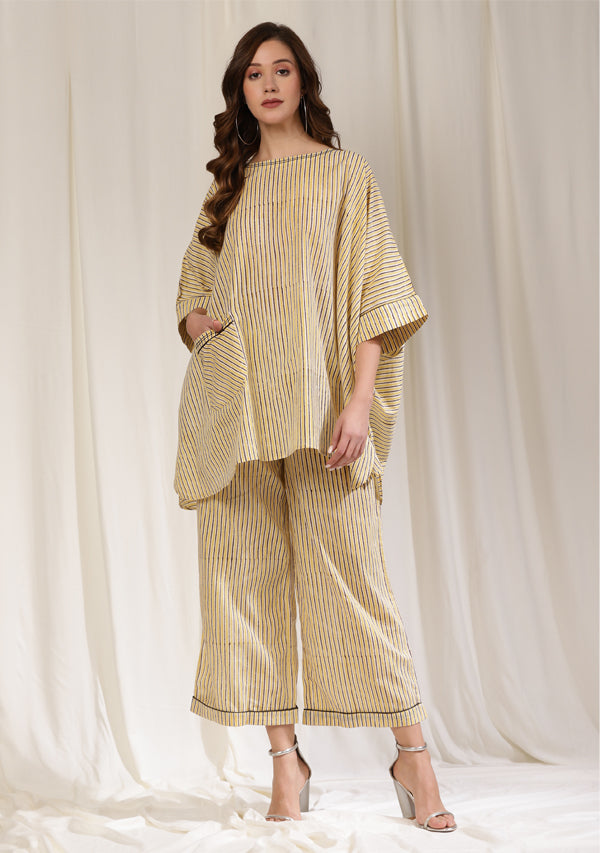 Yellow Brown Striped Hand Block Printed Short Kaftan With Pants/ Co-ord Set