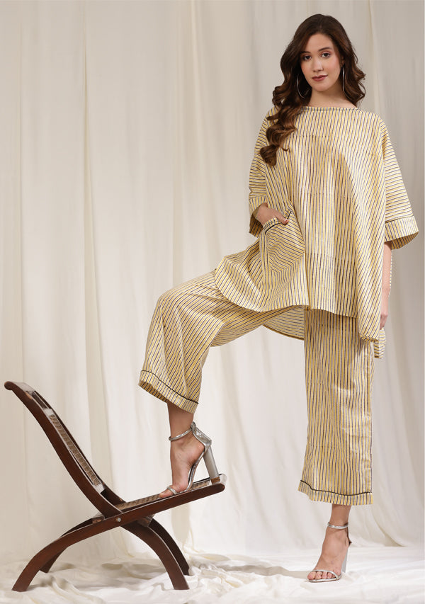 Yellow Brown Striped Hand Block Printed Short Kaftan With Pants/ Co-ord Set