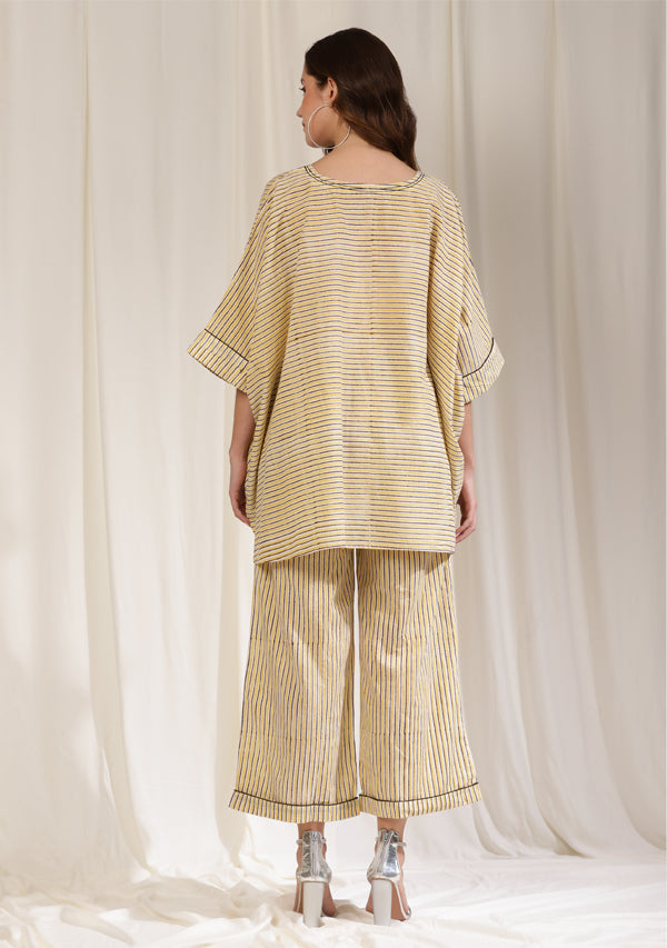Yellow Brown Striped Hand Block Printed Short Kaftan With Pants/ Co-ord Set